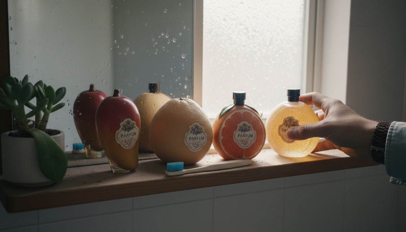 Perfume bottles shaped like fruits on shelf