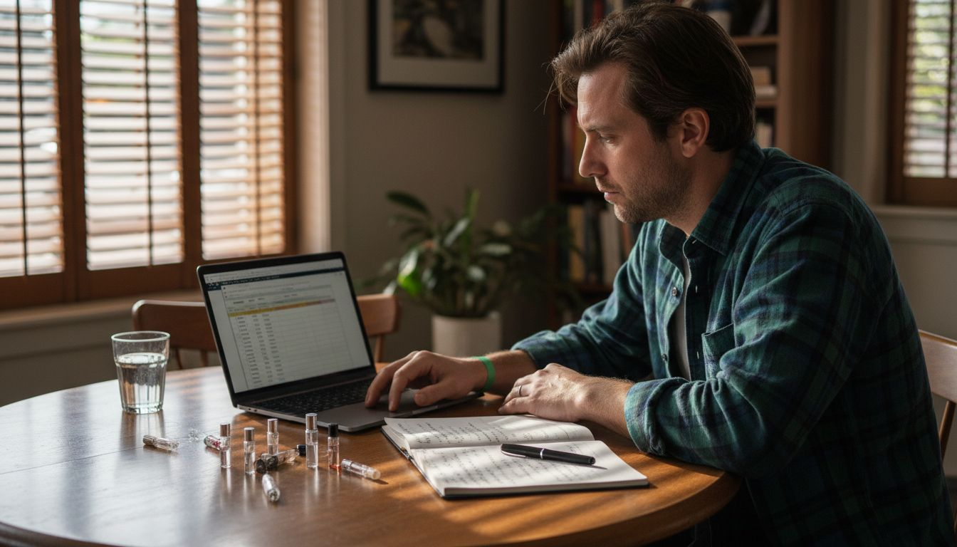 Man compares perfumes at kitchen table