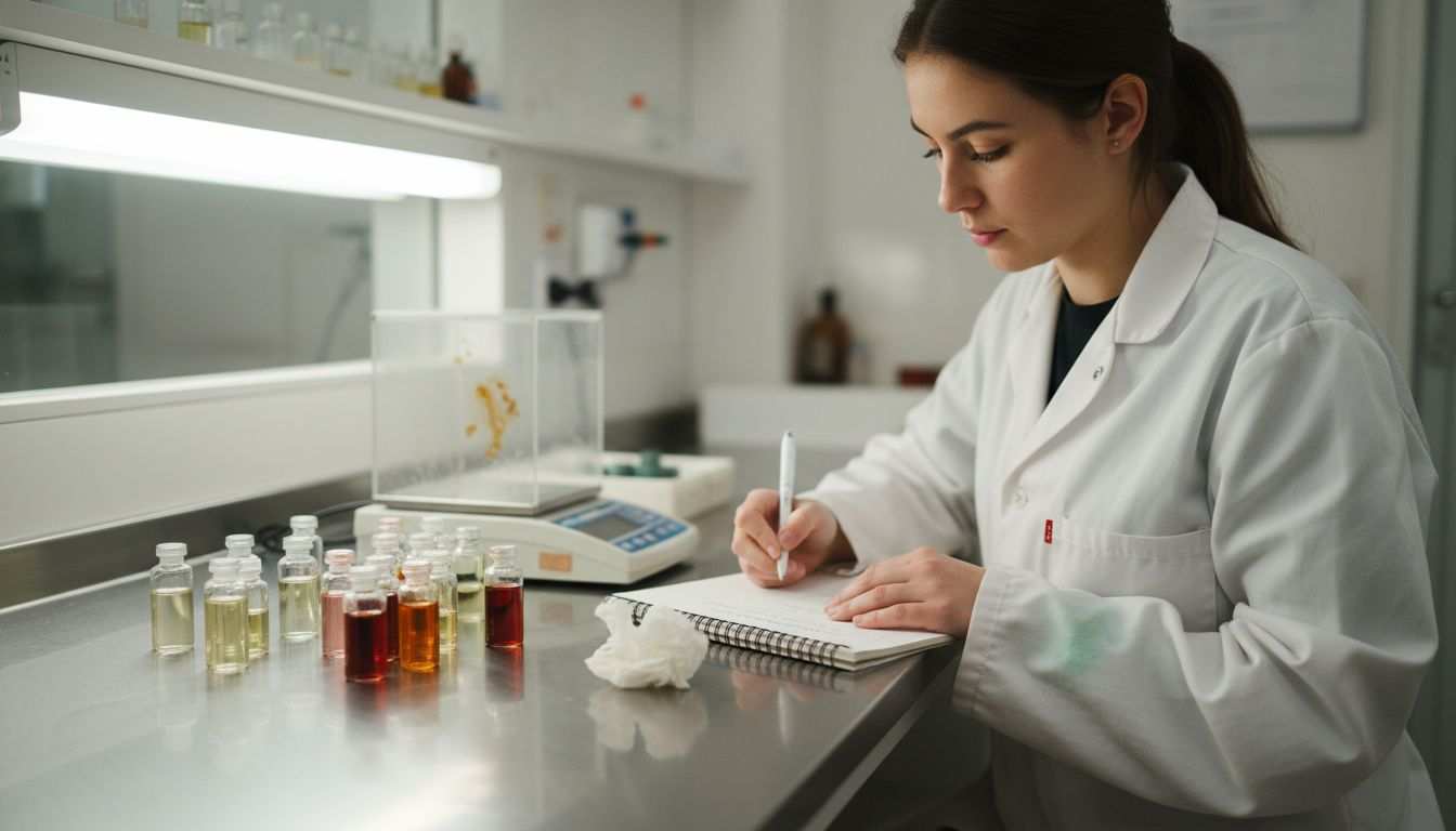 Lab technician sorting perfume vials