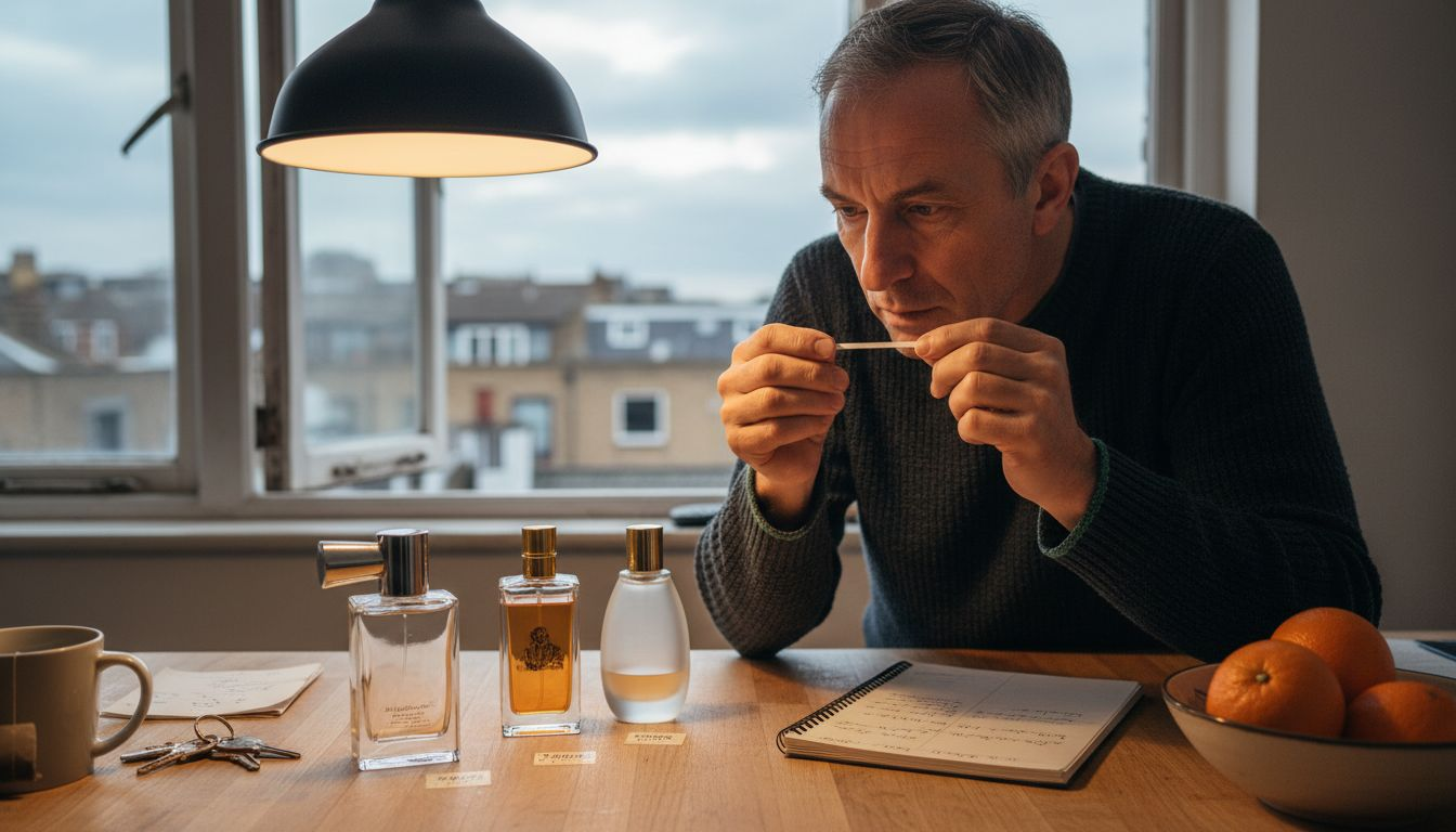 Man comparing vanilla perfume scent strengths