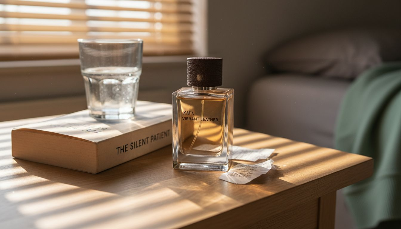 Zara perfume bottle on bedside table
