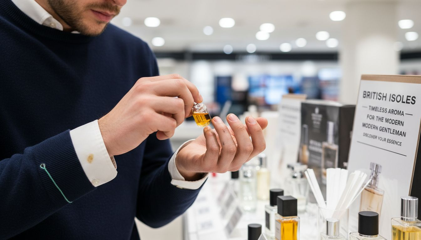 Man testing cologne samples at fragrance counter