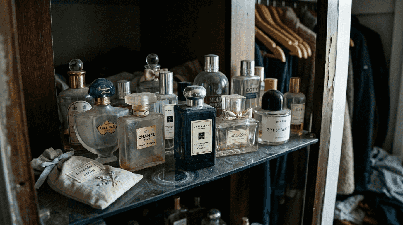 Perfume bottles on closet shelf with dust