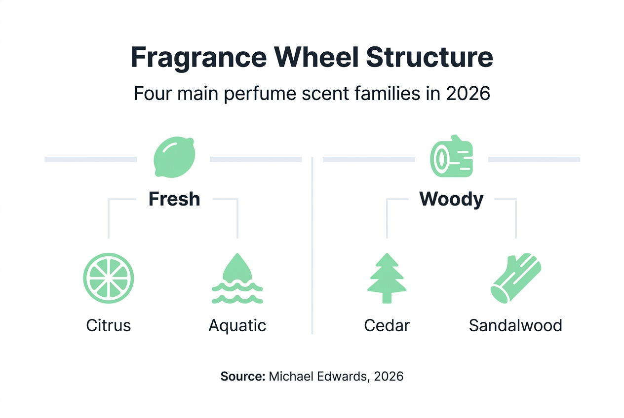 Infographic mapping fragrance wheel scent families