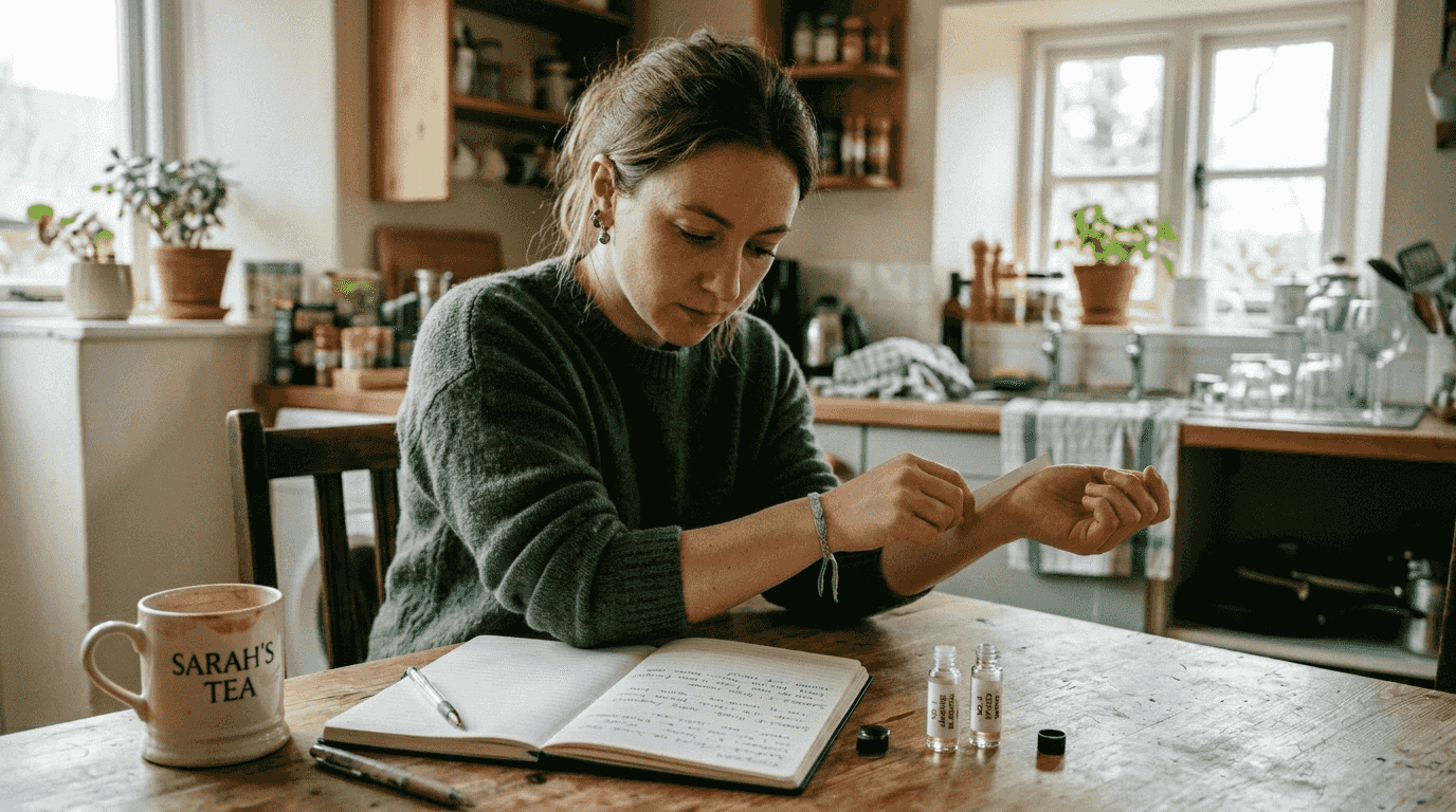 Woman testing niche perfume at kitchen table
