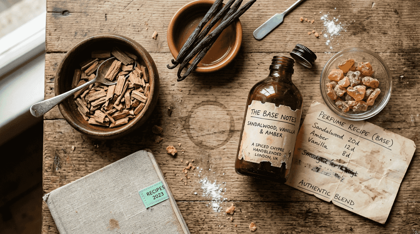 Base note perfume ingredients and open bottle