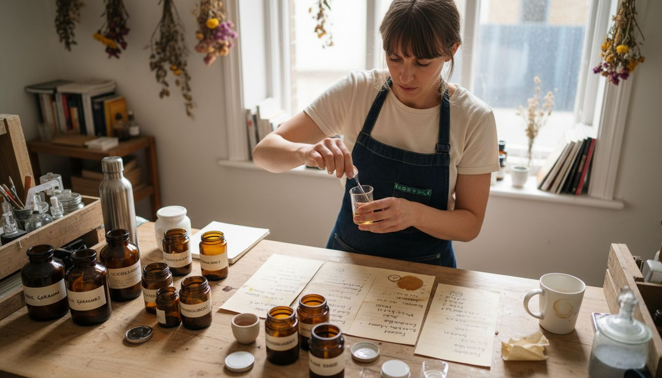 Perfume maker with vegan ingredients at workbench
