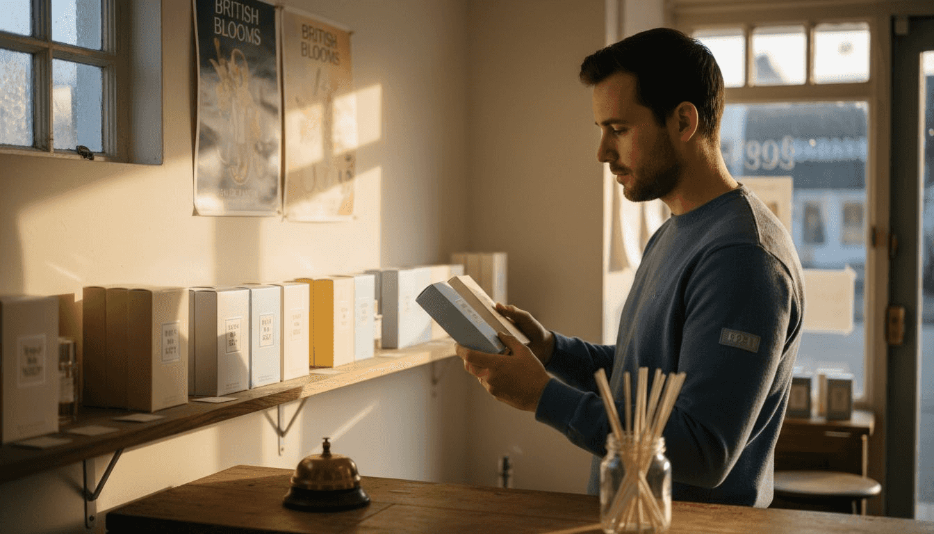 Man comparing boxed perfumes at small shop