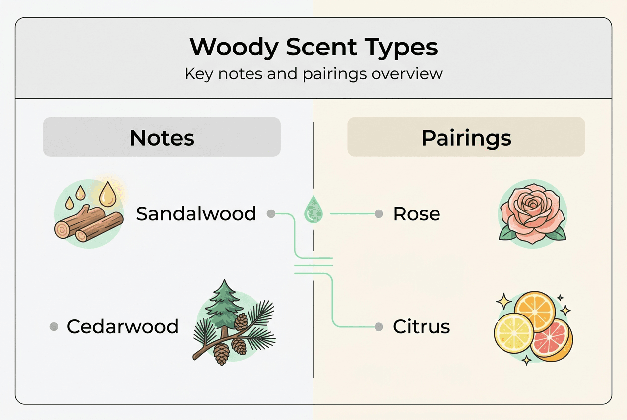 Infographic of woody scent types and pairings