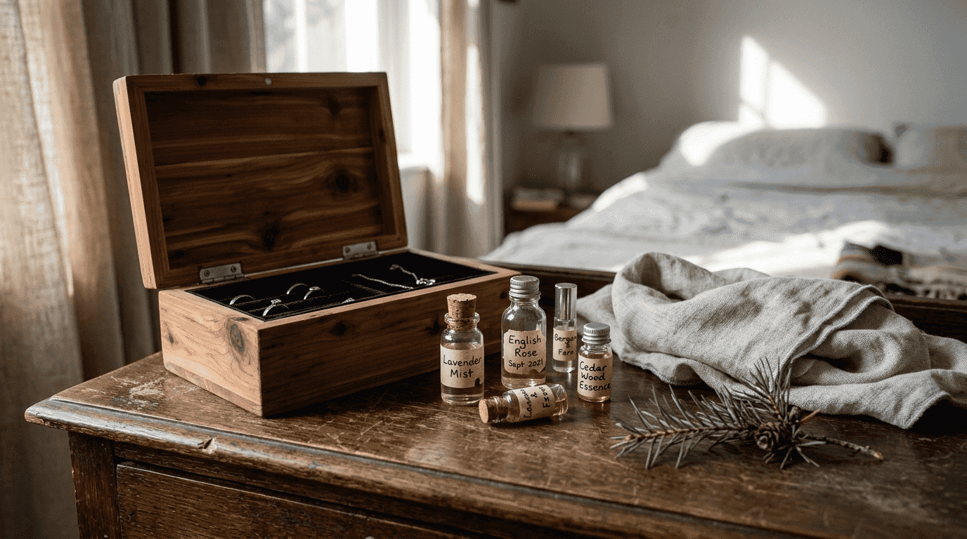 Cedarwood box with perfume vials and scarf