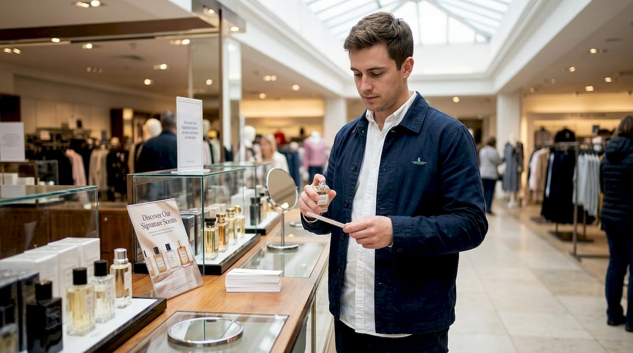Man sampling perfume in department store