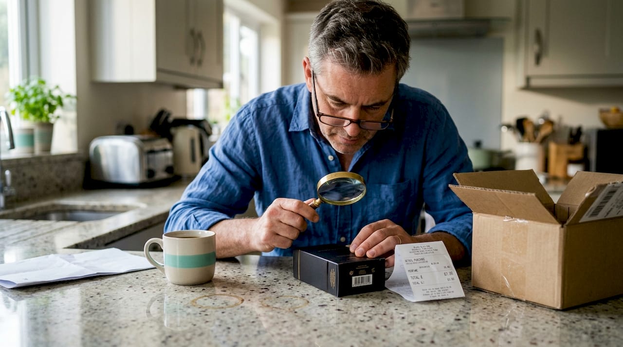 Man inspects perfume box for authenticity