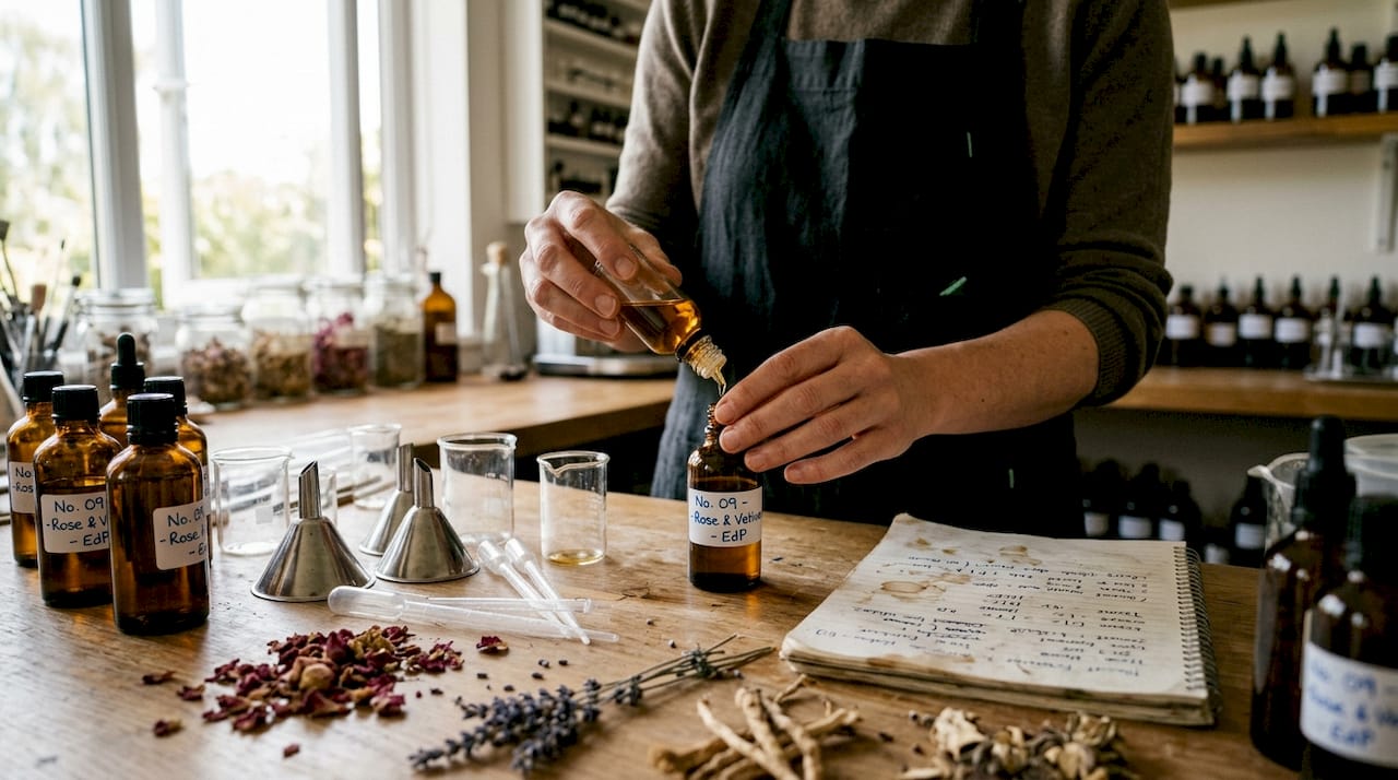 Perfumer mixing oils on busy worktable