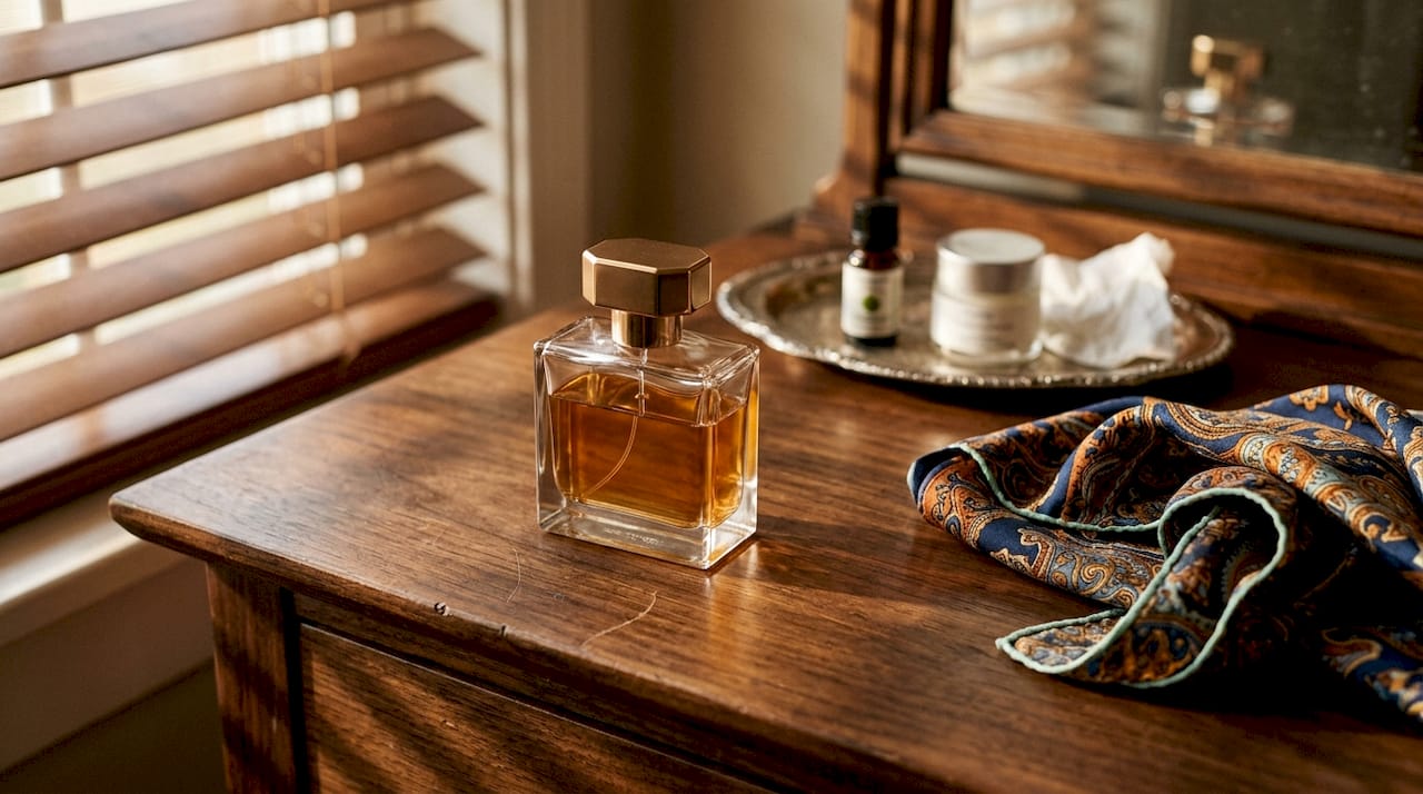 Luxurious glass perfume bottle on vanity