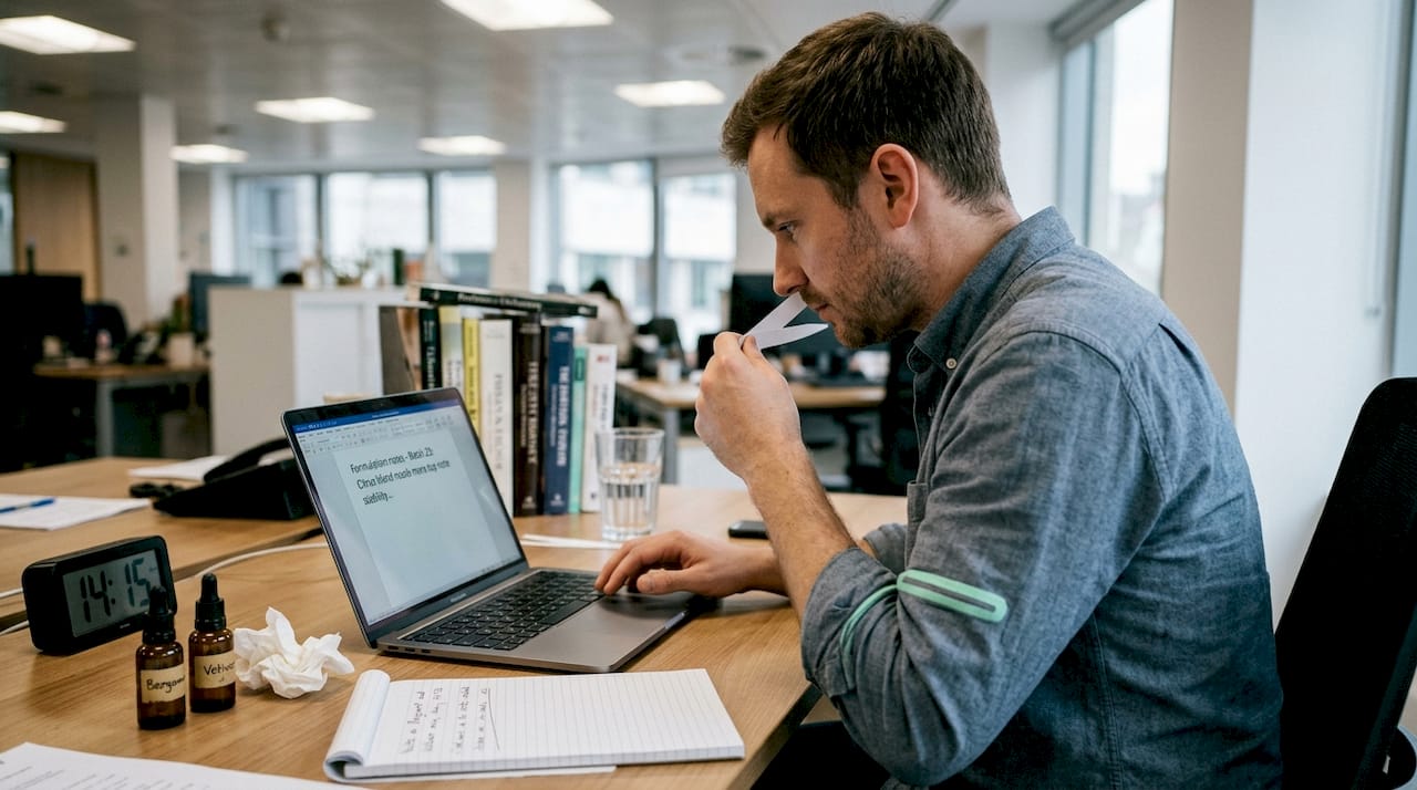 Perfumer testing fragrance on paper blotter