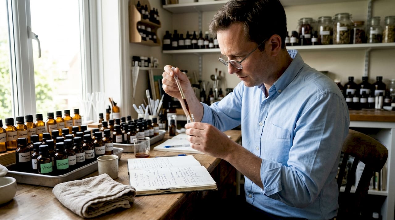 Perfumer blending scents at a workbench