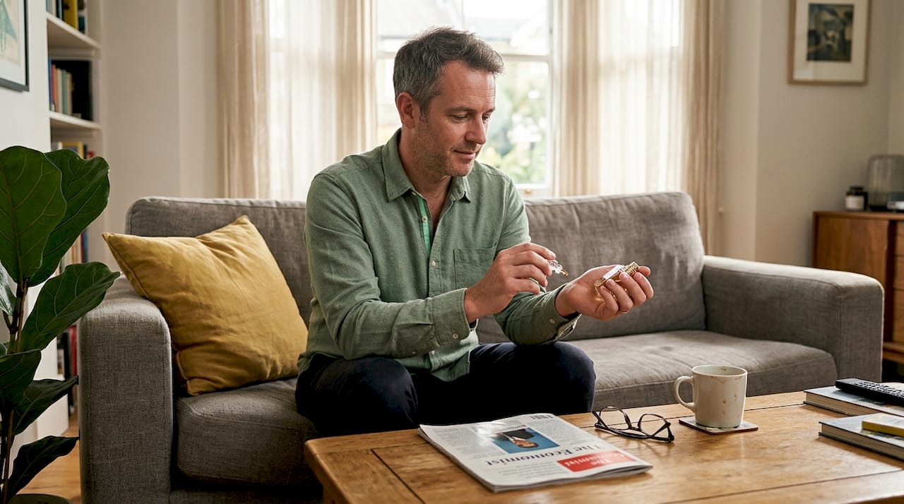 Man testing extrait perfume on wrist in living room
