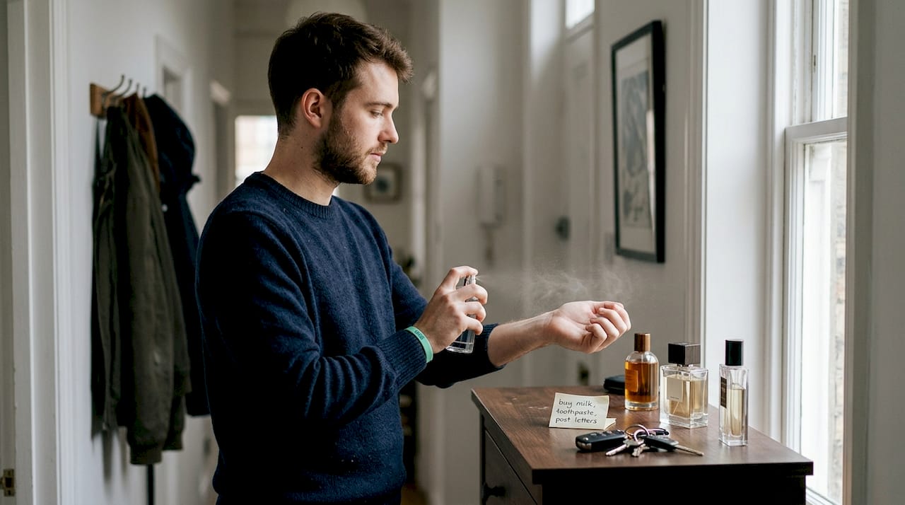 Man applying unisex fragrance at hallway dresser