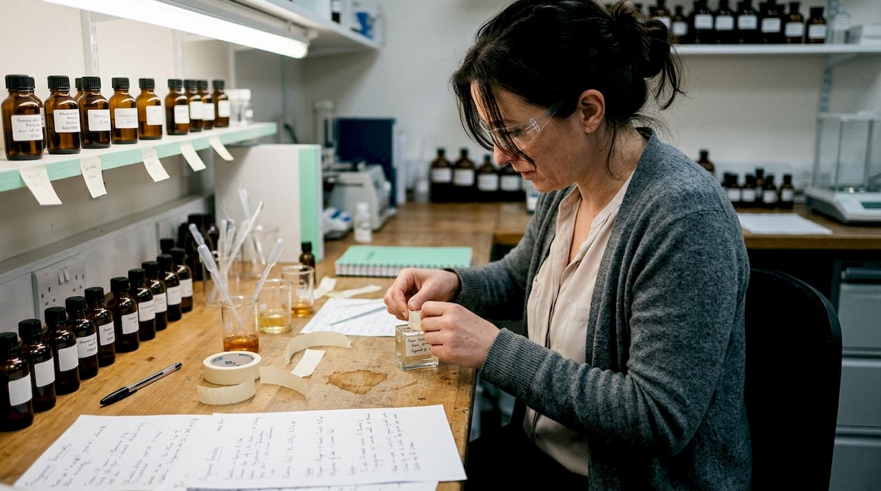 Perfume chemist labeling formula bottle in lab