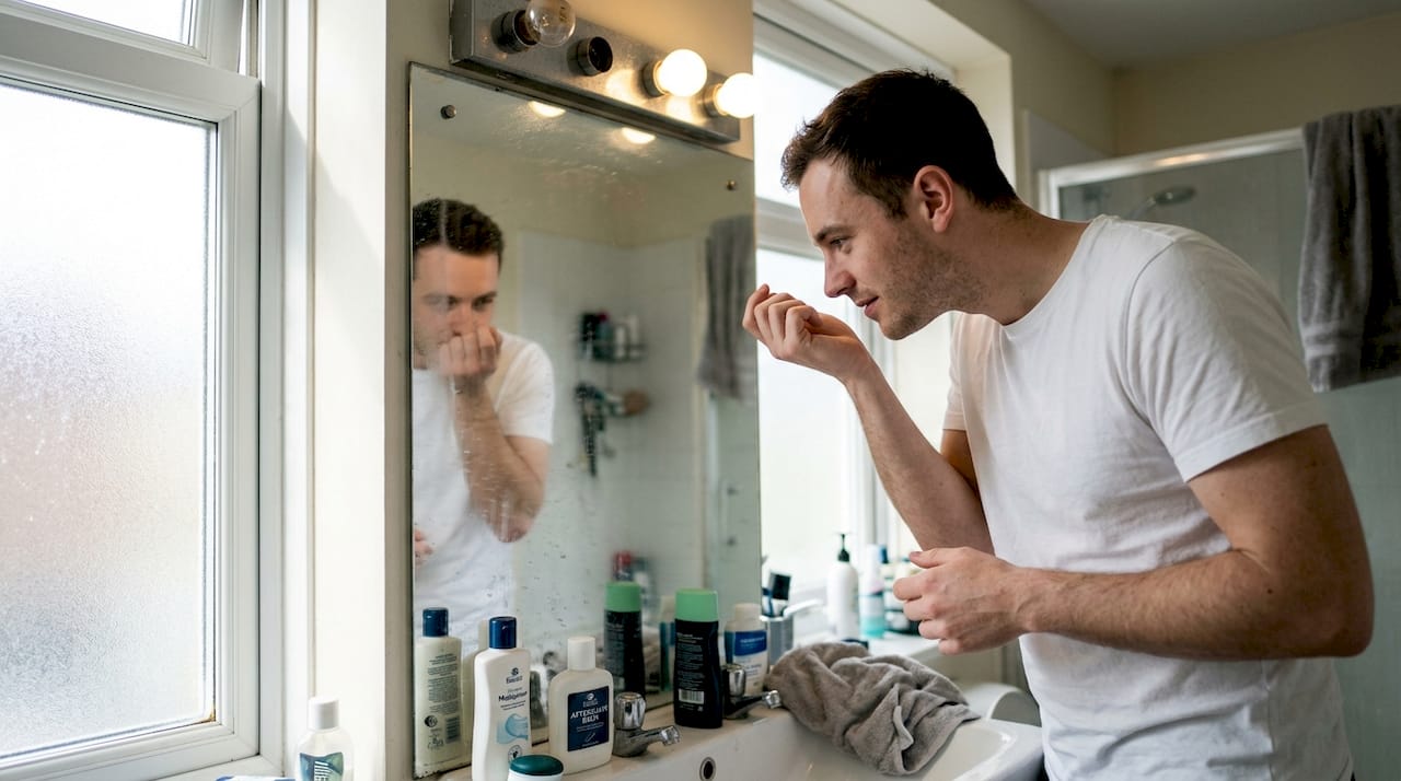 Man testing perfume by bathroom sink