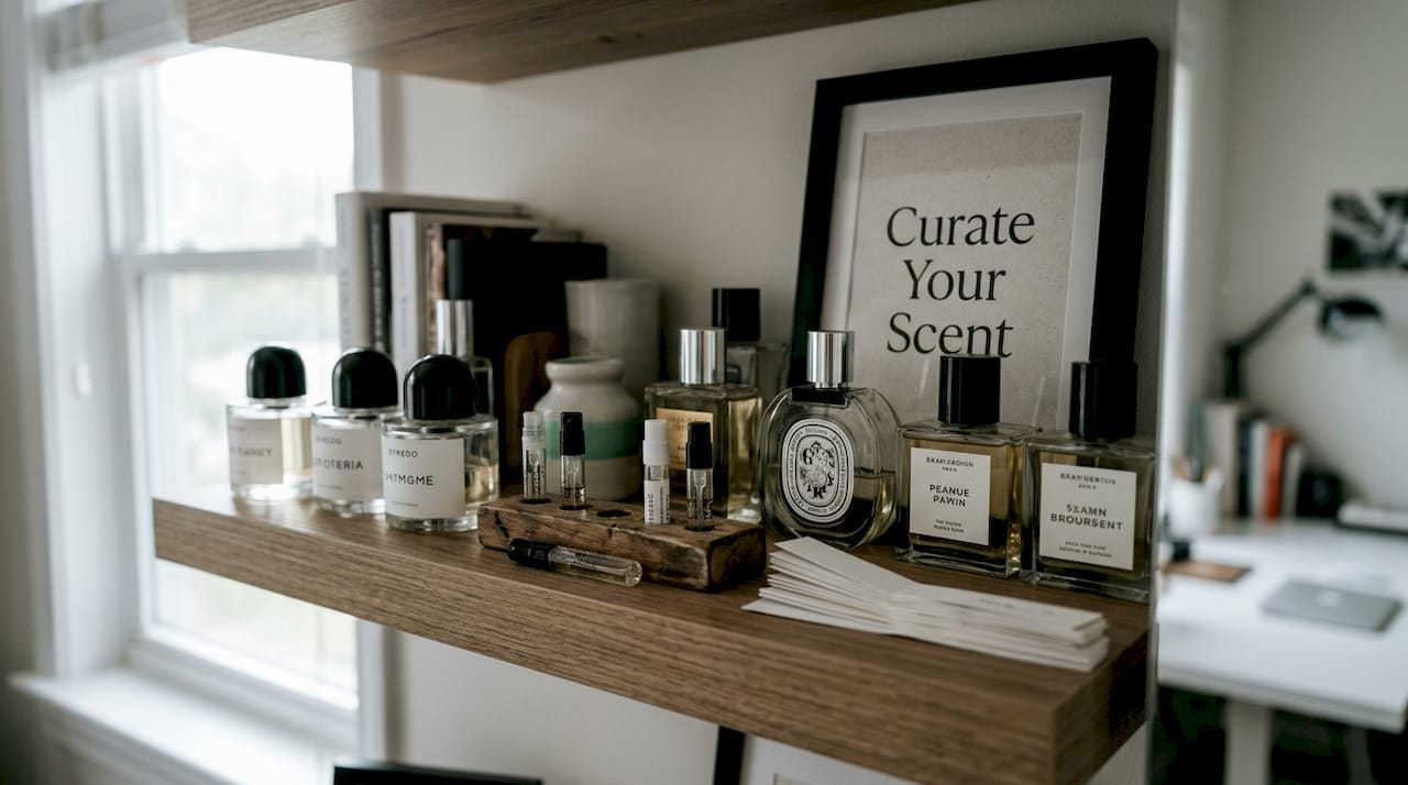 Cluttered shelf with affordable niche perfumes