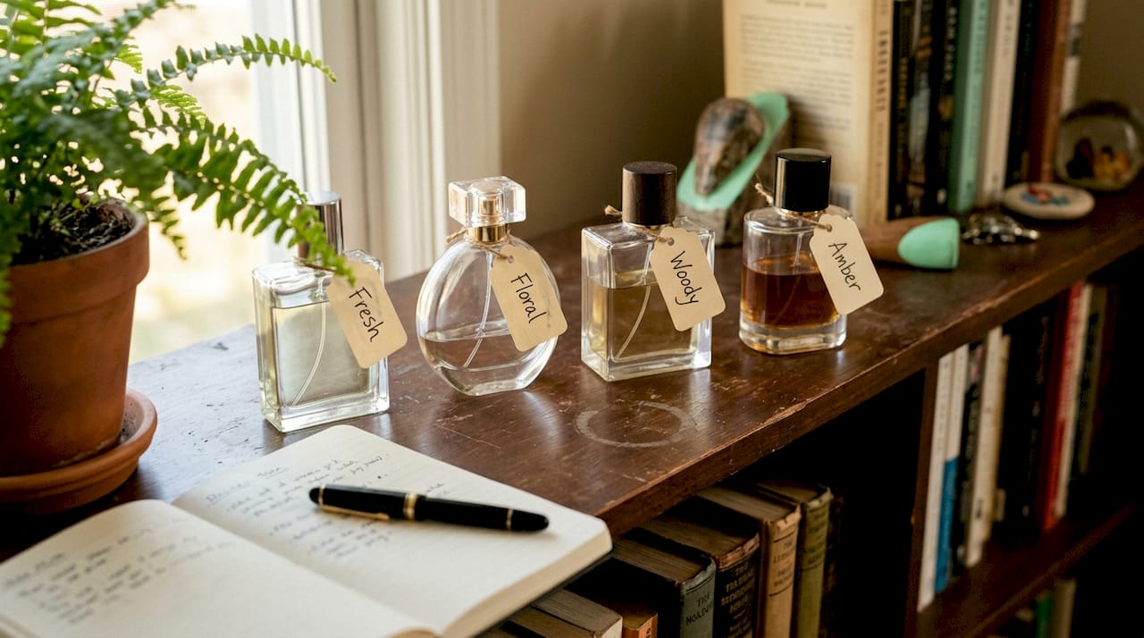 Perfume bottles labeled by fragrance family