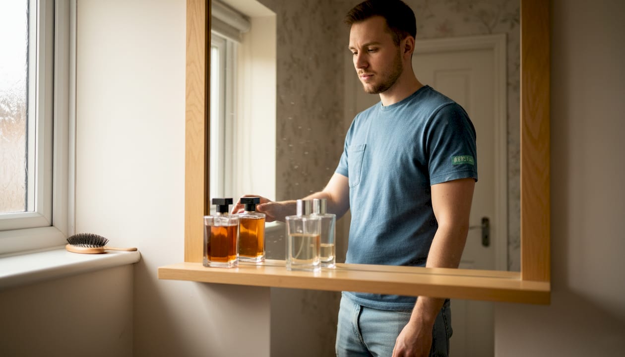 Man selecting cologne for self-expression