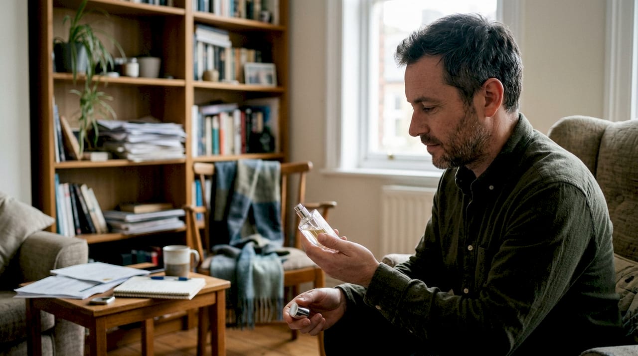 Un hombre observa detenidamente un frasco de perfume en una sala