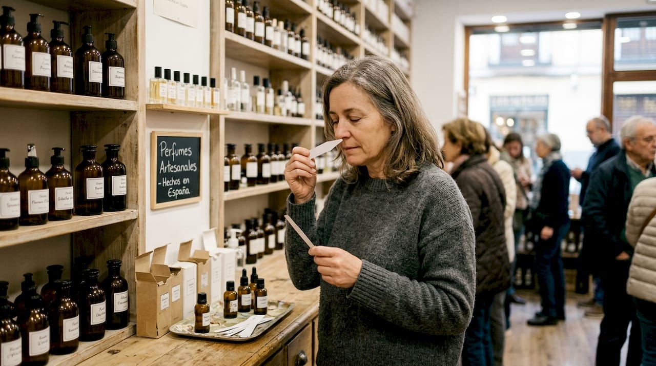 Mujer probando diferentes perfumes en el pasillo de una perfumería mientras decide cuál le gusta más.
