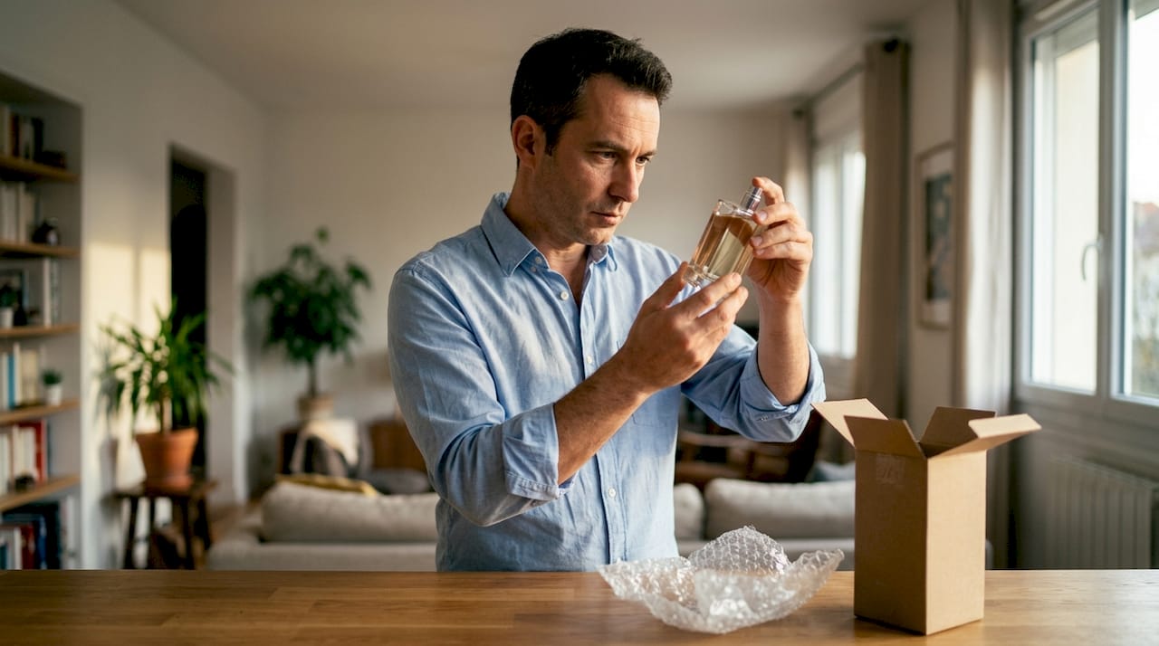 Un homme examine attentivement un flacon de parfum lors d’un salon professionnel.