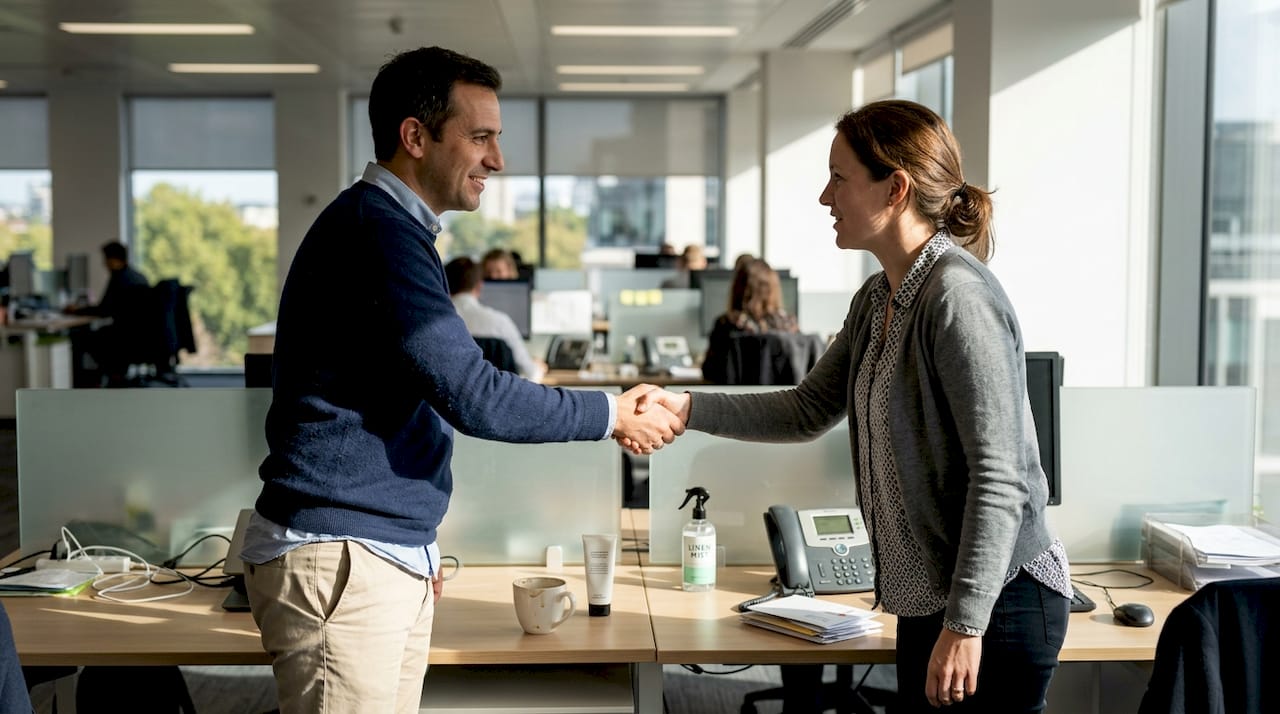 Colleagues greeting in bright open-plan office
