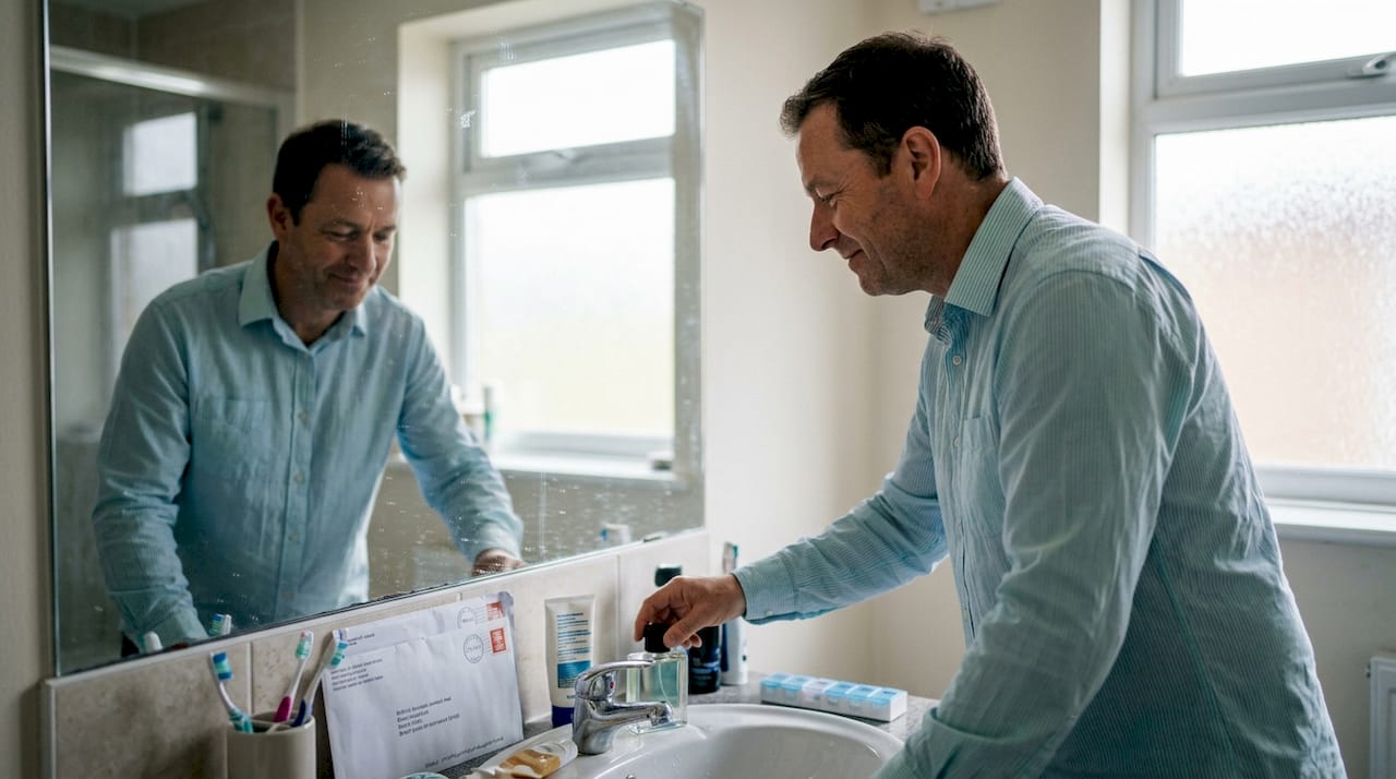 Man reaching for cologne by bathroom sink