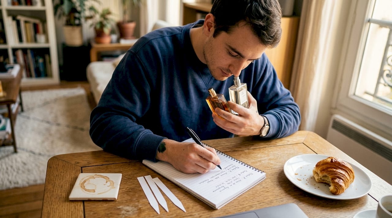 Un homme assis à sa table, en train d'hésiter entre deux parfums, les sent tour à tour pour trouver celui qui lui correspond le mieux.