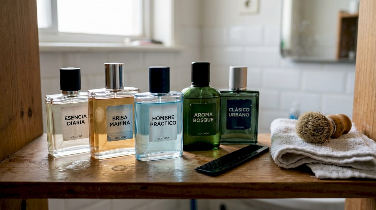Colonias masculinas a buen precio sobre el estante del baño