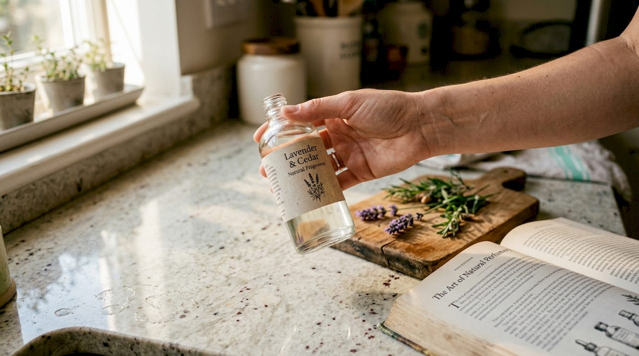 Hand with lavender-themed sustainable perfume bottle