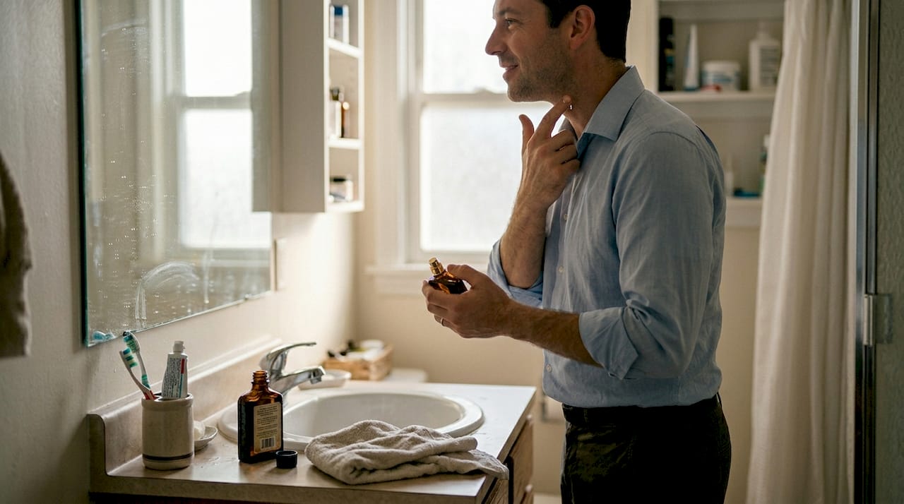 Hombre perfumándose el cuello y las muñecas