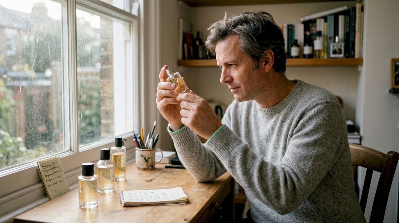 Man inspects perfume bottle quality