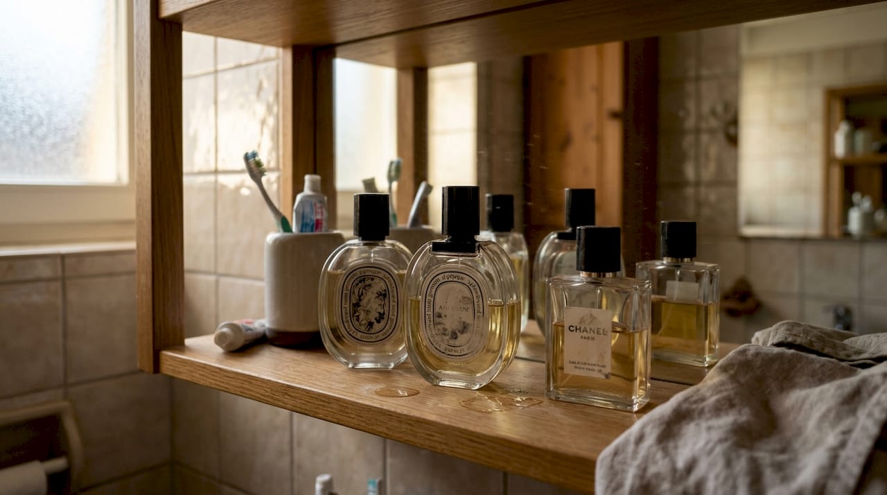 Botellas de perfume clásicas decorando la repisa del baño