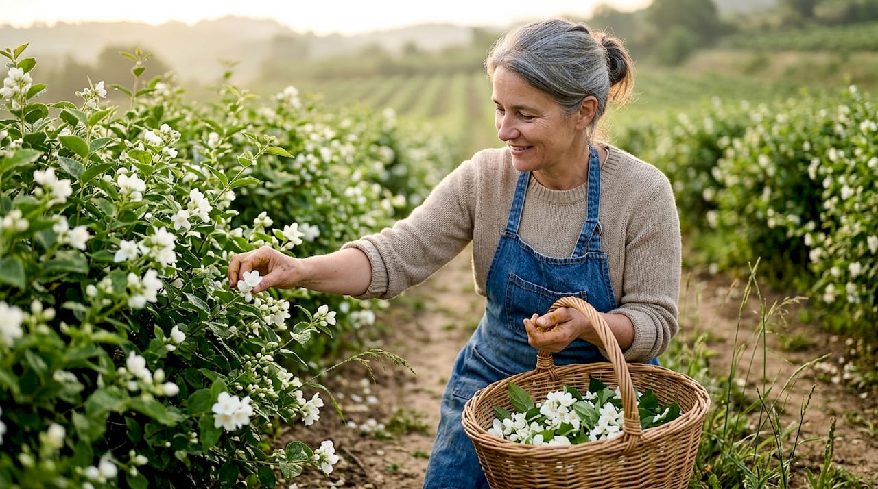 Une cueilleuse de jasmin à l’œuvre dans les champs de Grasse au petit matin.