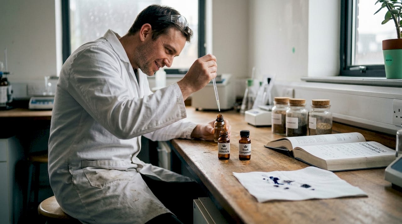 Lab technician measuring perfume ingredient samples