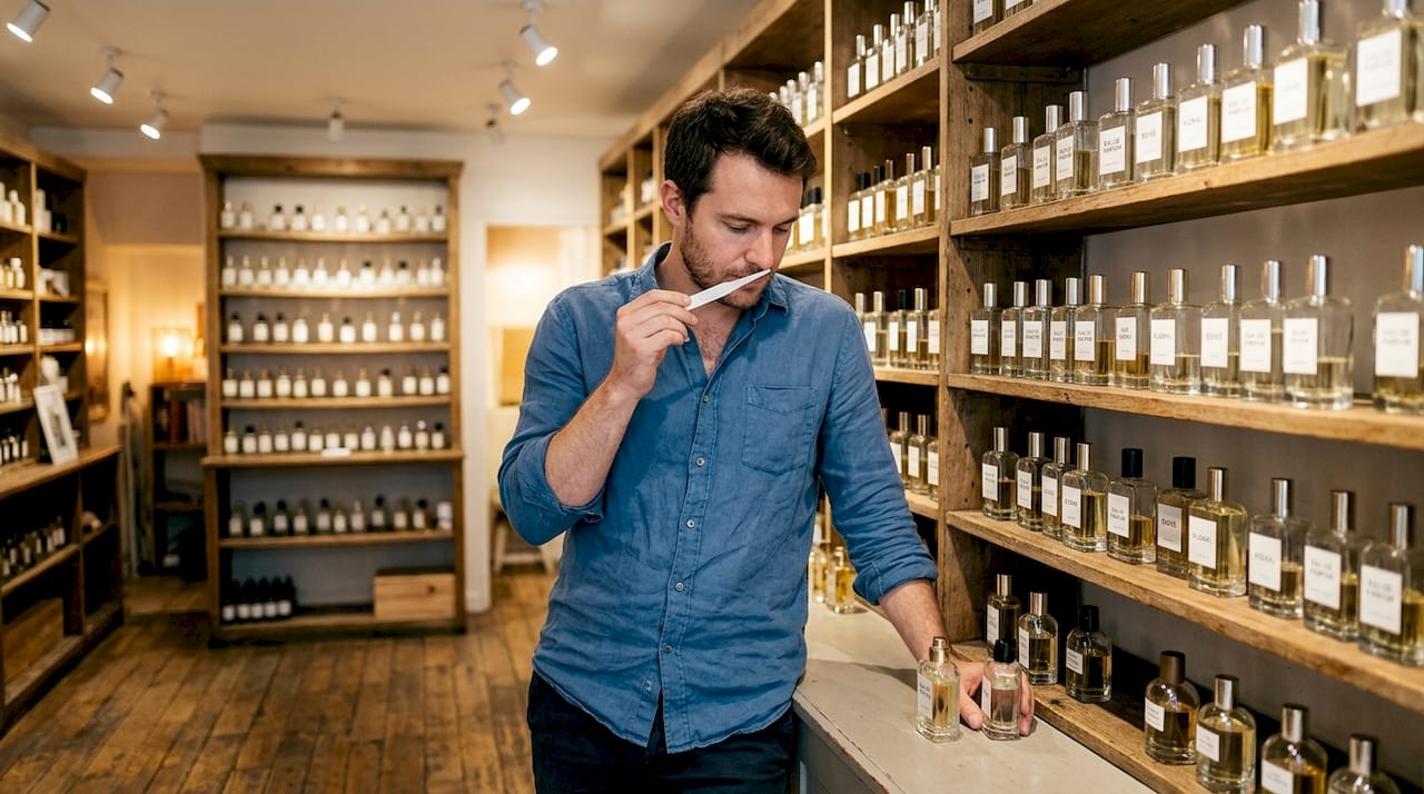 Un client en train d'essayer un parfum en boutique, prenant le temps de découvrir différentes fragrances avant de faire son choix.