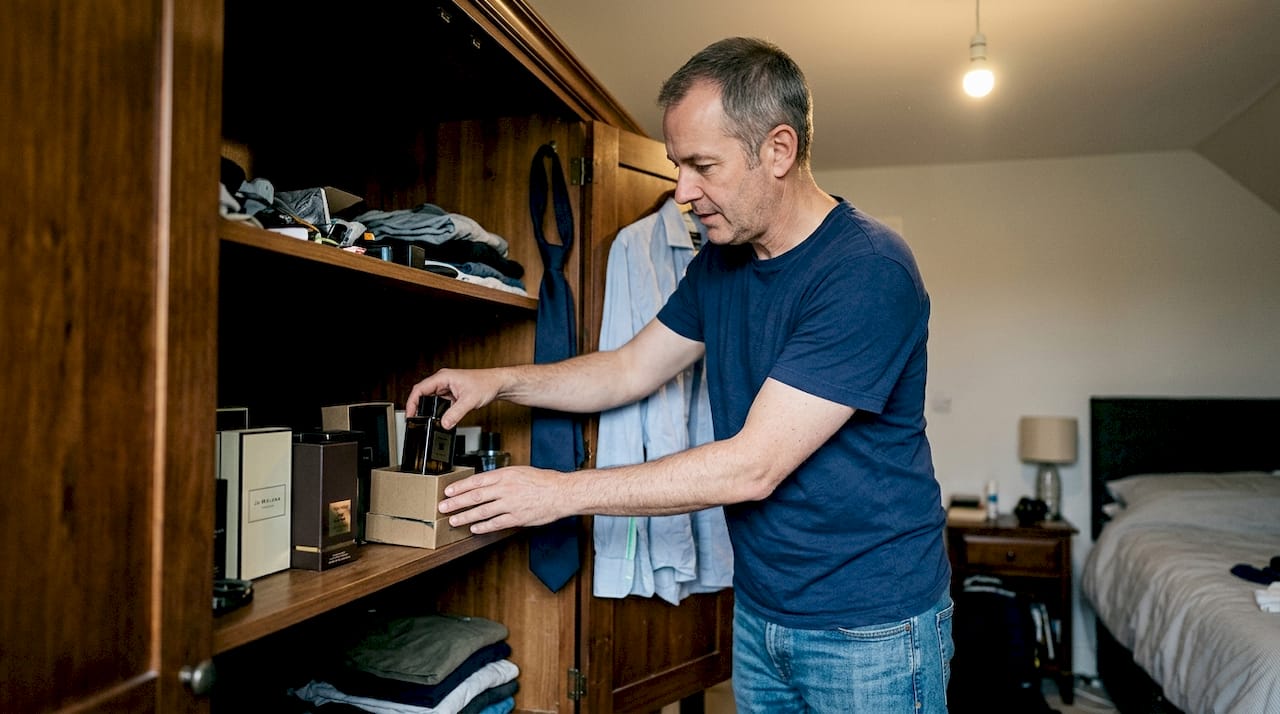 Man storing perfumes in dark wardrobe shelf