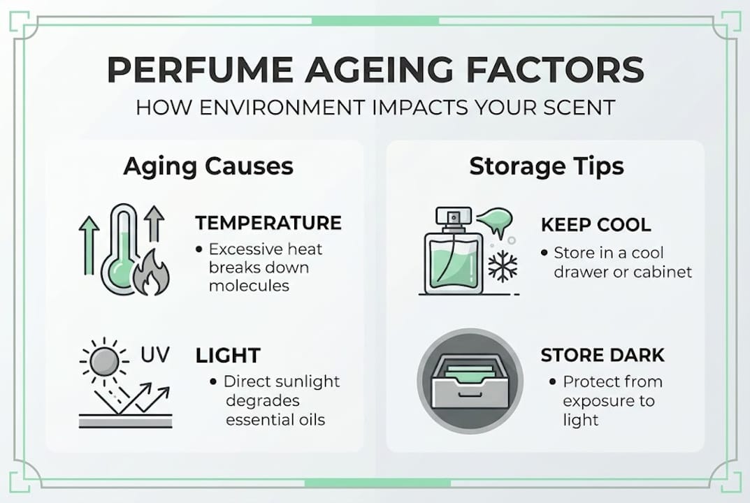 Infographic showing perfume ageing and storage tips