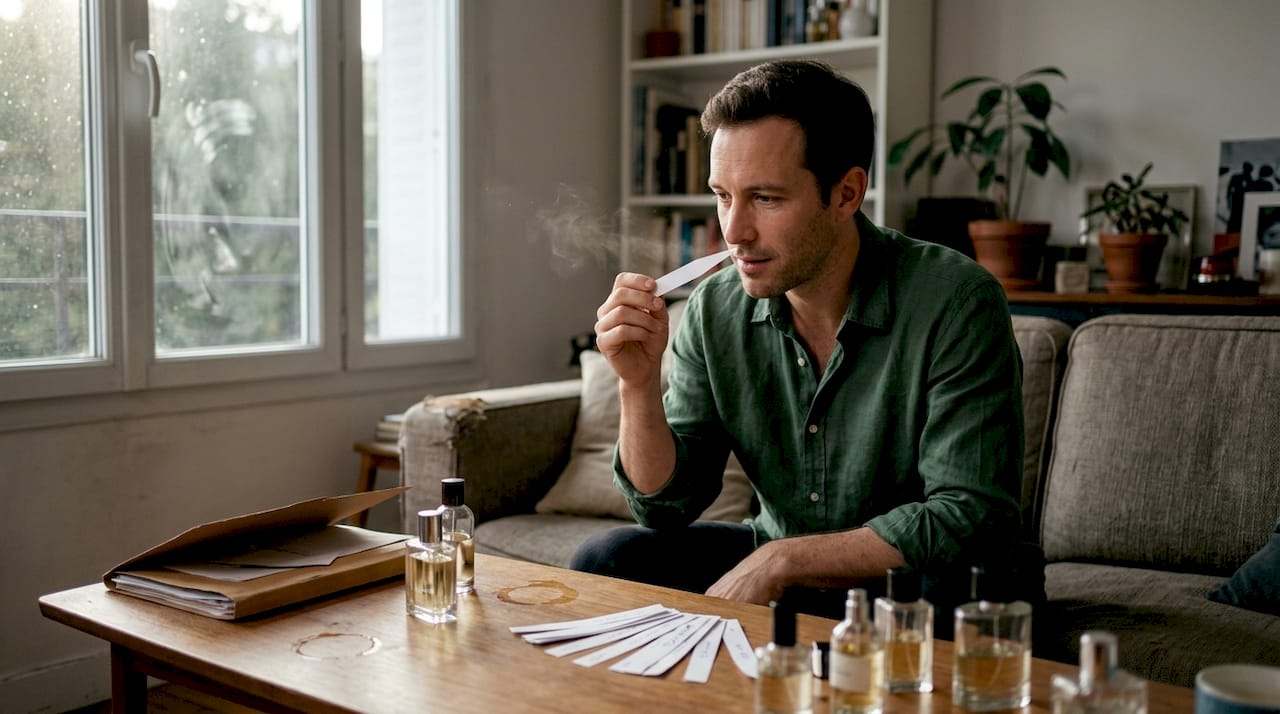 Una persona se aplica una fragancia y presta atención a cómo se percibe su aroma a distancia.