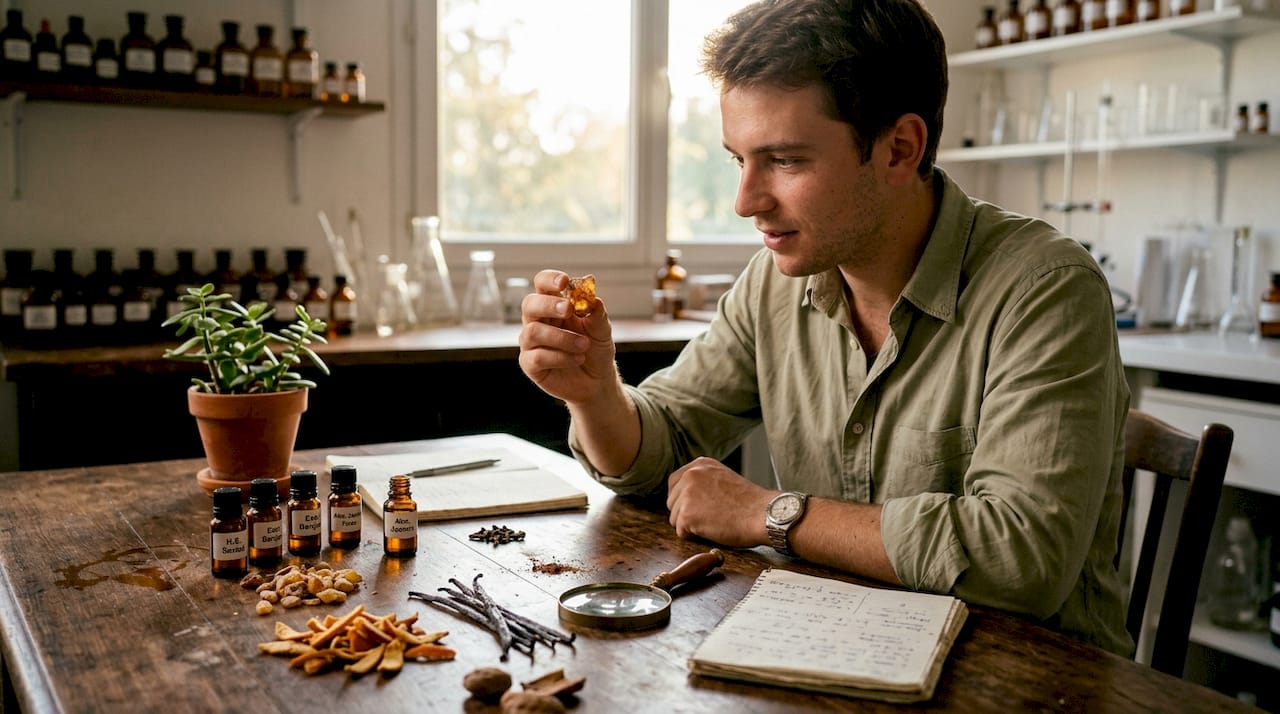 Un spécialiste analyse attentivement des ingrédients naturels disposés sur une table.