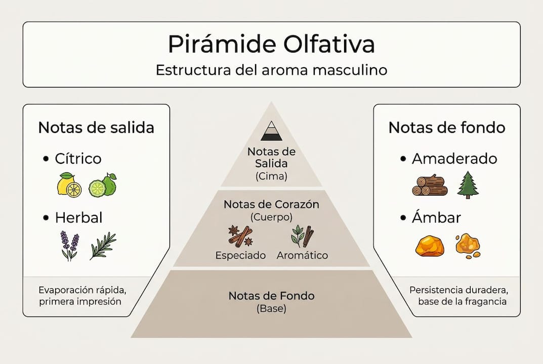 Infografía sobre la pirámide olfativa de perfumes masculinos