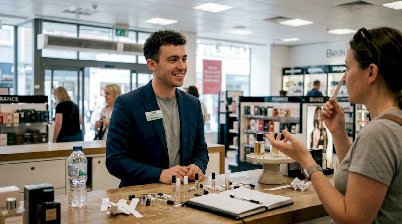 Consultant and customer sampling perfumes at counter