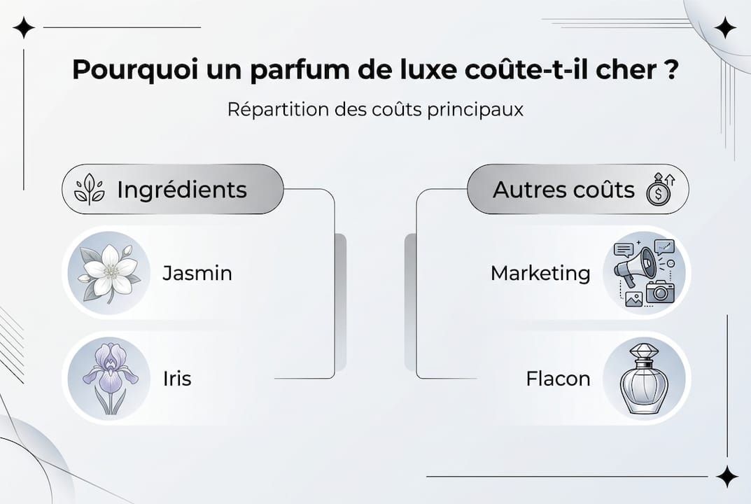 Découvrez en un coup d'œil comment se répartissent les coûts dans l’univers du parfum haut de gamme grâce à notre infographie détaillée.
