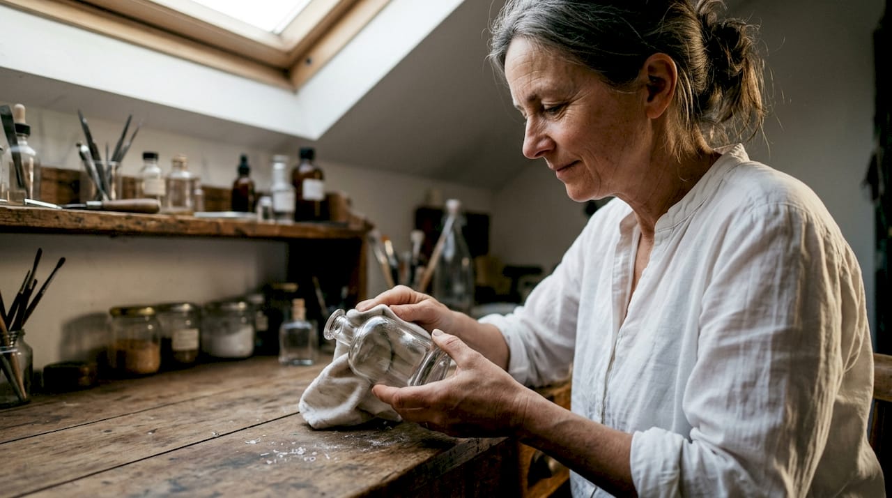 Dans son atelier, une artisane soigne chaque détail en polissant minutieusement un élégant flacon de parfum haut de gamme.