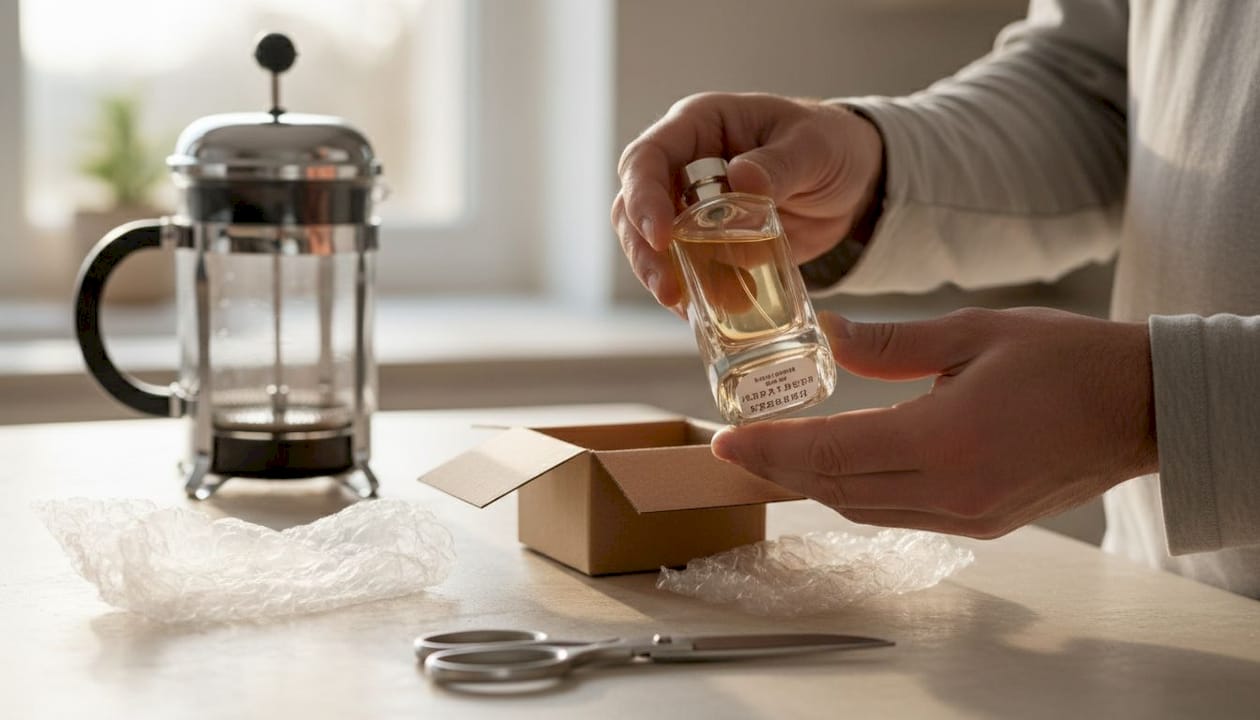 Hombre comprobando si el perfume que recibió es original